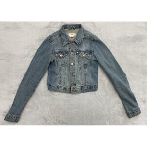 &Jacket Women's Denim Jacket US 4 Blue Stretch Cropped Button Front Light Wash